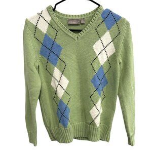 Croft & Barrow Green V Neck Argyle Sweater Cotton Sz Small